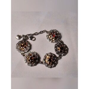 Brighton Silver Tone Floral Link Bracelet Amber Topaz Crystal Heart Charm 9.25in